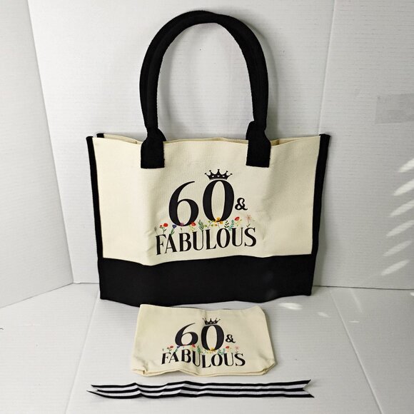 60 & Fabulous Canvas Tote Bag with Zipper Pouch & Ribbon – Black & Cream- NEW - Picture 1 of 16